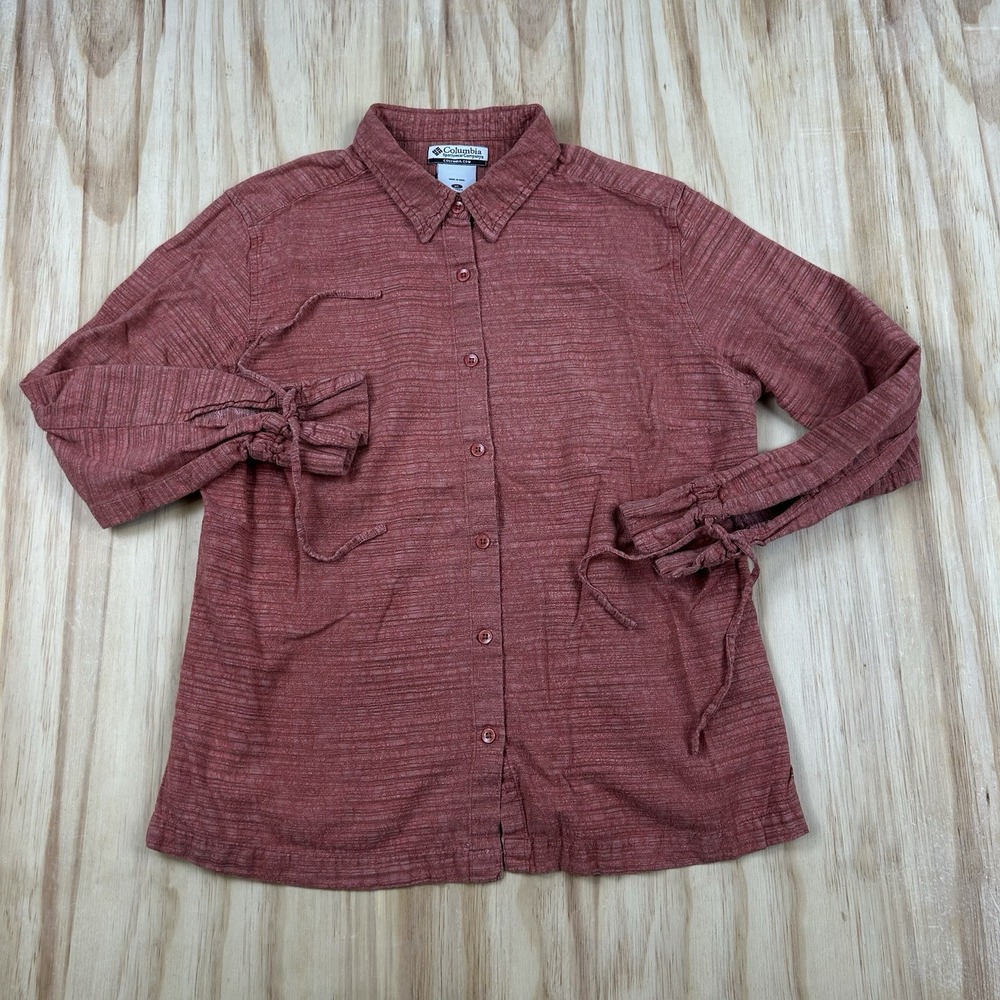 Columbia Women's XL Heather Red Pattern Button Shirt Tie Wrist Sleeves Outdoor